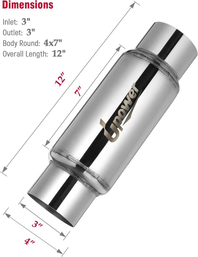 U-Power 3" Inlet&Outlet Exhaust Resonator,12" Overall Length Center Straight Through Stainless Steel Muffler,Polished - Image 2
